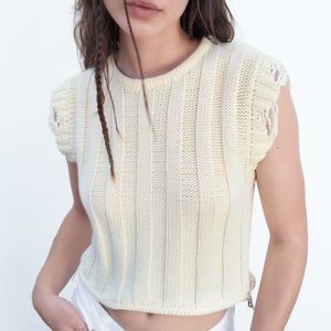 Zara laced knit top with distressed cap sleeves and drawstring hem small nwt